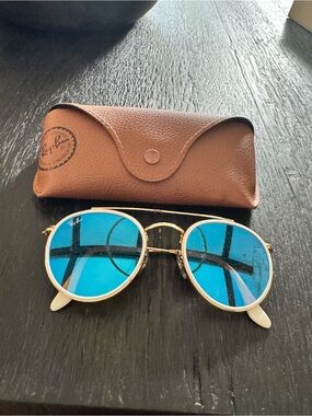 Ray-Ban Gold Frame Sunglasses with Blue Lenses